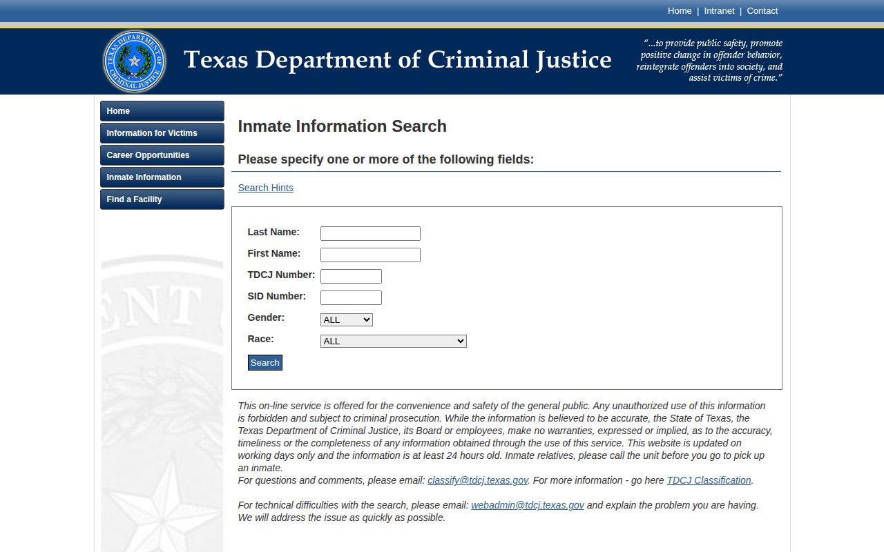 TDCJ online inmate search fields and current custody notice